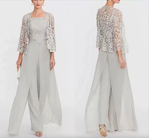 Two Pieces Jumpsuits Mother Of The Bride Dresses With Lace Jacket Silver Gray Chiffon Long Evening Party Gowns Pantsuits Plus Size Wedding Guest Mother's Dress