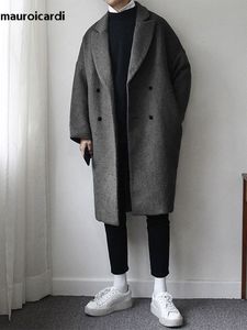 Męskie mieszanki wełny mauroicardi jesień zima luźna swobodna szara czarna miękka ciepła wełniana płaszcz męskie lapy podwójnie piersi Koreańska moda 230320