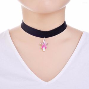 Choker PBR107 Bröstcancer Awareness Emamel Pink Ribbon Cross Love/Hope/Faith Pendent Black Velvet Flannelette Tyghalsband