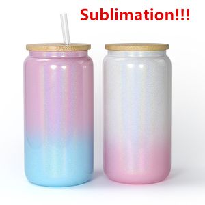 16-Unzen-Sublimations-Glitzerglas mit Farbverlauf, Bierkrüge in Dosenform, Glasbecher, Bierdosen-Glasbecher, Trinkgläser mit Bambusdeckel und wiederverwendbarem Strohhalm
