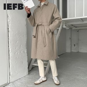 Misto lana da uomo Cappotto di lana con fasciatura IEFB 2023 Autunno Inverno Moda coreana addensato Caldo allentato Tendenza Cappotti lunghi di media lunghezza 9Y8458 230320