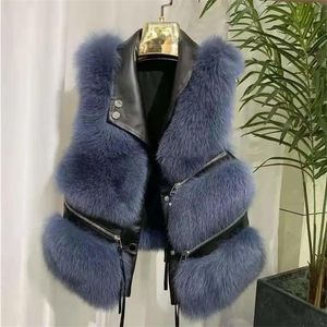 Women's Vests Faux Fur Vest Coat Lapel Sleeveless Buckle Slim PU Leather Outerwear High Street Plush One Piece JackWomen's