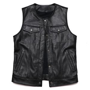 Men's Vests Classical Genuine Leather Vest Man 100 Cowhide Motorcycle Club Sleeveless Jacket Slim Biker Waistcoat 230320