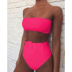 Women's Swimwear Pink Two Pieces High Waist Bikini 2023 Bandeau Women Sexy Swimsuit Push Up Bikinis Bathing Suits Solid Beach Wear