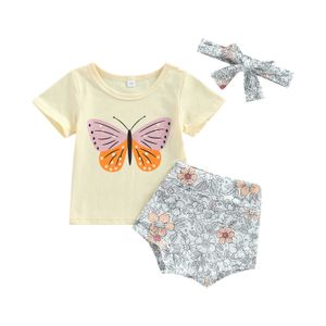 Clothing Sets Baby Girl's Three Pieces Clothes Outfit Round Neck Short Sleeve Butterfly Printed TShirt Flower Printed Shorts Headband Z0321