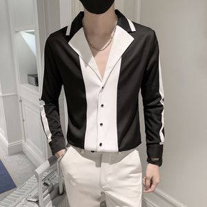 Men's Casual Shirts Nightclub Legible Casual Social Mens Dress Shirt Spring White Black Splicing Long Sleeved Slim Fit Formal Shirts Blouse Men 4XL 230321