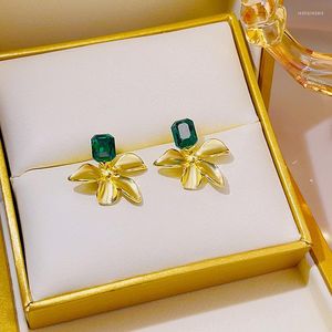 Stud Earrings Lovelink Korean Style Luxury Gold Color Flower Dangle For Women Retro Green Square Crystal Party Accessory