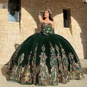 Meninas mexicanas verde escuro Quinceanera vestidos de renda de ouro sem alças Applique Sweet 16 GOWNS Ball vestidos de Nova BC13168