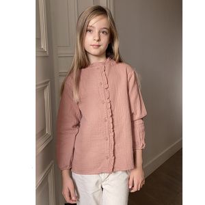 Barnskjorta Spring Girls Muslin Blus 100% bomullsmjuk långärmare Retro Barnskjortor med knappar Casual Straight Cut Tops TZ211 230321