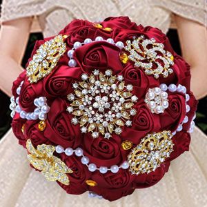 Wedding Flowers WifeLai-A 20CM Bride Bridesmaid Rhinestone Brooch Bouquet Ribbon Handmade Party Church Decoration Multicolor W3217G