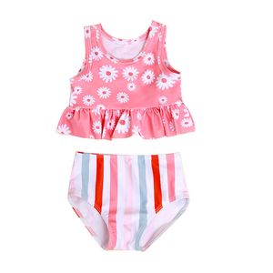 Summer Two Piece Bathing Suits Baby Swimsuit Daisy Print Ruffled Top Striped Triangle Short Toddler Infants Girls Swimwear M4279