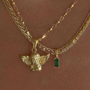 Pendant Necklaces Bohemia Multilayer Cherub Pendant Chain Necklace For Women Trendy Gold Color Big Thick Chain Necklaces 2021 Jewelry Z0321