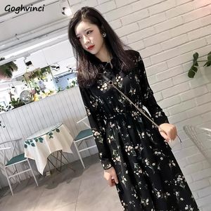 Casual Dresses Long Sleeve Dress Women Floral-printed Chiffon Elegant Black Korean Style Leisure Slender Chic Student Streetwear Womens Vestido 230321