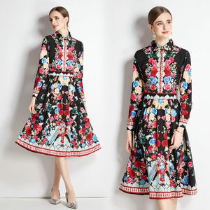 여자 부티크 드레스 긴 소매 프린트 드레스 2023 Spring auutmn Midi 드레스 패션 고급 레이디 꽃 드레스 OL 활주로 드레스