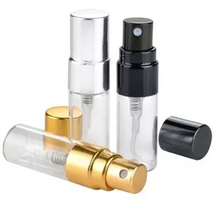 Kvalitet 500 st 3 ml Travel påfyllningsbar glas parfymflaska med UV -sprayer kosmetisk pumpspray atomizer silver svart guld mössa