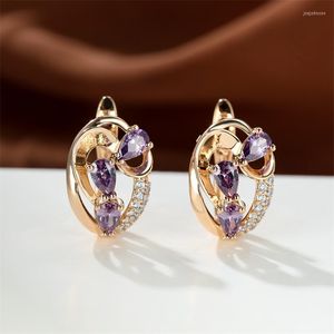 Hoop Earrings Vintage Fashion Purple Crystal Three Stone Clip On Wedding Engagement Banquet For Women Anniversary Gift