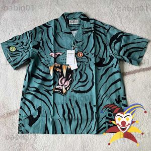Camisas casuais masculinas azul tigre impressão wacko maria camisa homens mulheres camisas havaianas top tee manga curta t230321