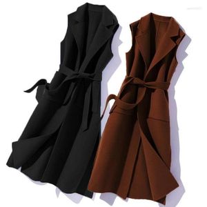 Women's Wool 2023 Fashion Spring Autumn Vest Coat Mid-Length Women Blended Woolen Ssleeveless Jacket Casual Ladies With Belt
