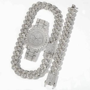 Armbandsur 3st Mens Kvinnor tittar smycken Set Iced Out Watch Necklace Armband Bling Diamond Miama Cuban Link Chain Choker Men Men