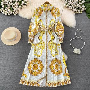 French Vintage Court Dress Long Sleeve Lapel Waist Slim Single breasted Print A-line Dress Elegant Long Dress