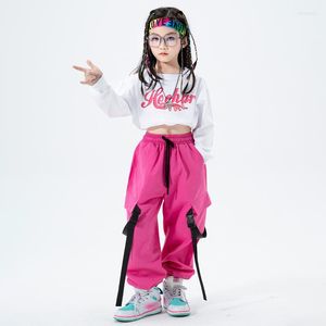Abbigliamento da palcoscenico Abbigliamento hip-hop per bambini per ragazze Top corto bianco Pantaloni rosa Maniche lunghe Costume da ballo jazz Kpop Performance Outfit BL9163