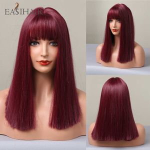 Percrícios sintéticos Easihair Wig Red Wine Short Red Wit com Bangs Silky Resistant Synthetic for Women Diário Party Cosplay Bobo 230227