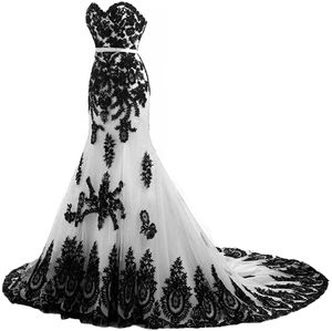 Abiti da sposa a sirena in bianco e nero 2023 Vintage scollo a cuore senza maniche posteriore con lacci Plus Size Abiti da sposa gotici Applique in pizzo Abiti da ricevimento lunghi