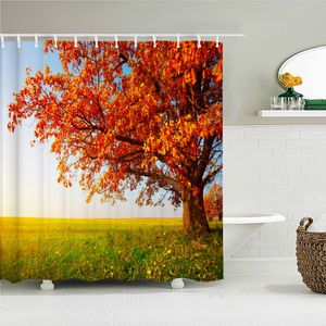 シャワーカーテン森林の風景印刷された生地シャワーカーテン秋の葉の木の葉の風呂スクリーン防水製品フック付きバスルームの装飾230322