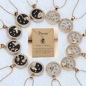 couples twelve constellations pendant necklace designer for woman day and night round alloy the zodiac womens mens gold plated chain necklaces jewelry with Card