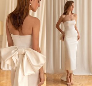 Simple Satin Wedding Dress 2023 Strapless Big Bow Back Ankle Length Bridal Gowns Women Formal Party Dress White Elegant Robe de mariage