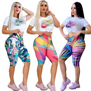 Women's Two Piece Sets LOVE Fashion Fresh Casual Print High Waist Temperament Sports Contrast Shorts Short Sleeve Set