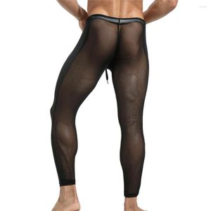 Termiska underkläder män mesh långa byxor sexig transparent man andas mens underkläder leggings sover hemkläder se genom pajama2024