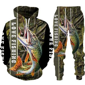 Erkeklerin Trailtsits Yenilik 3d Balık Baskısı Erkek Kadın Hoodie/Pantolon/Takım Harajuku Camo Balıkçılık Av Kampı Kamarları Moda Açık Spor Giyim Seti 230322