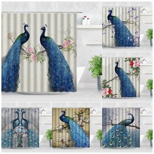 Cortinas de chuveiro azul pavões cortina de chuveiro conjunto de pássaro lindos folhas verdes de flor de flor retro moderna decoração de banheiro à prova d'água cortinas 230322