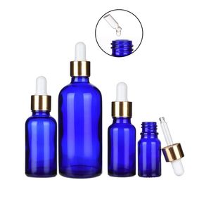 Blue Glass Essential Oil Dropper Bottles Refillable Makeup Sample Cosmetic Storage Container with Gold Cap