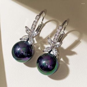Stud Earrings Luxury Black/purple Drop Pearls For Women Solid 925 Silver Needle Cube Cubic Zirconia Ear Hook Bridal Wedding Jewelry