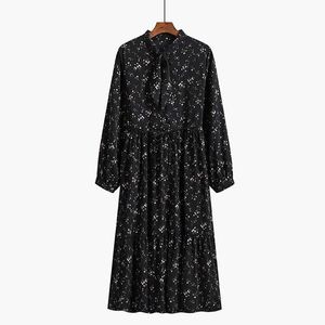 Sıradan Elbiseler 2023 İlkbahar Yaz Kadın Çiçek Elbise Uzun Kollu Vintage Siyah Düz Vestidos