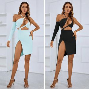 Casual Dresses Top Quality 2 Colors Rayon Bandge Ladies Celebrate Red Carpet Dress Sexy Halter Hollow Out Strapless Package Hip