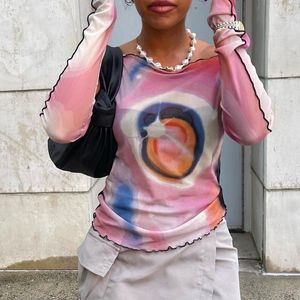 女性用Tシャツ秋のグラデーションカラートップY2KグランジフェアコアTシャツ女性ラウンドネック長袖メッシュティー2000年代服の女性