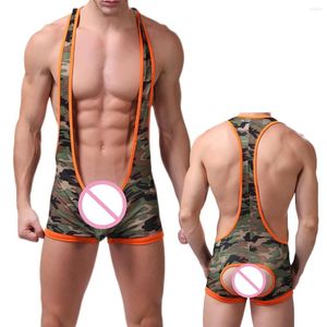 Undershirts Mens Camouflage Backless Jumpsuit One-piece Leotard Wrestling Singlet Sexy Jockstrap Underwear Bodysuit Boxer Shorts