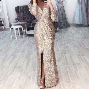 Party Dresses Women's Long Dress Sexig Deep V-Neck Glitter Evening Dress Solid Color Damis Long Sleeve Dinner Party Dress Vestidos de Festa 230322