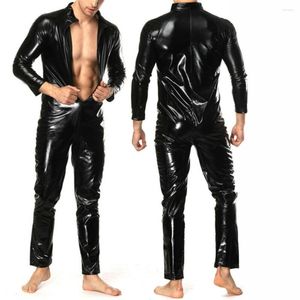 Underskjorta herrar våtlook faux läder en bit bodysuit jumpsuits sexig öppen gren tights catsuit zentai kostym manlig fetisch dräkt