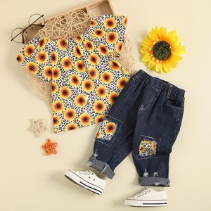 Clothing Sets Toddler Girl Clothes 2piece Summer Kids Baby Sunflowers Floral Tops Ripped Denim Shorts Outfit Children Set 1t-6t