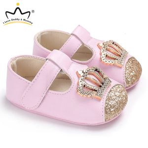 First Walkers Baby Shoes Cute Pink Crown Flower Bows Princess Girl Cotton Mary Jane nata Toddler Infant 230322