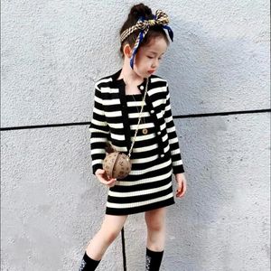 Clothing Sets 2023 Korean Kids Spring Autumn Winter Clothes For Girls Stripe Knitted Sweater Round Neck Single Breasted Coats Braces Dress