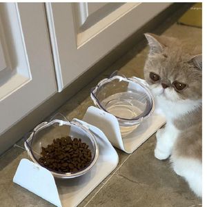 고양이 그릇 애완 동물 경사 입 입구 투명 더블 그릇 가을 낙하 환경 보호 조절 가능한 애완 동물은 피곤하지 않은 음료수를 먹는다