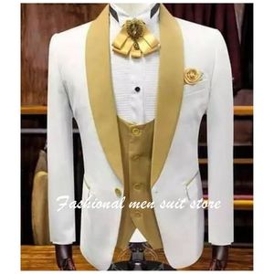 Mäns kostymer blazrar toppsäljande vita herrmode 3 stycken kostym med guldlakel bröllop brudgummen prom män blazer masculino jackapantsvest 230322