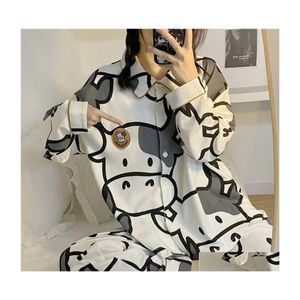 Abbigliamento per la casa Qweek Pigiama con stampa mucca Set due pezzi Pigiama autunnale Donna Cotone Vestiti carini Pigiama Pigiama Stile giapponese Kawaii Dhlr0