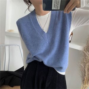 Damenwesten Dame V-Ausschnitt Split Strickweste Frauen Frühling Koreanische Version Marineblau Lose und dünne Pullover Pullover Weste Außerhalb Mode 230322