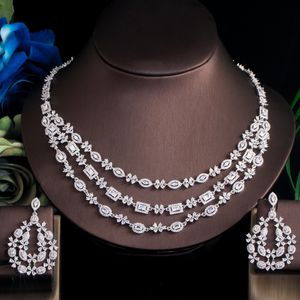 Hochzeitsschmuck-Sets Threegraces Brilliant White Cubic Zirconia 3 Layers Big Nacklace Ohrringe Bridal Engagementmen Set für Frauen TZ542